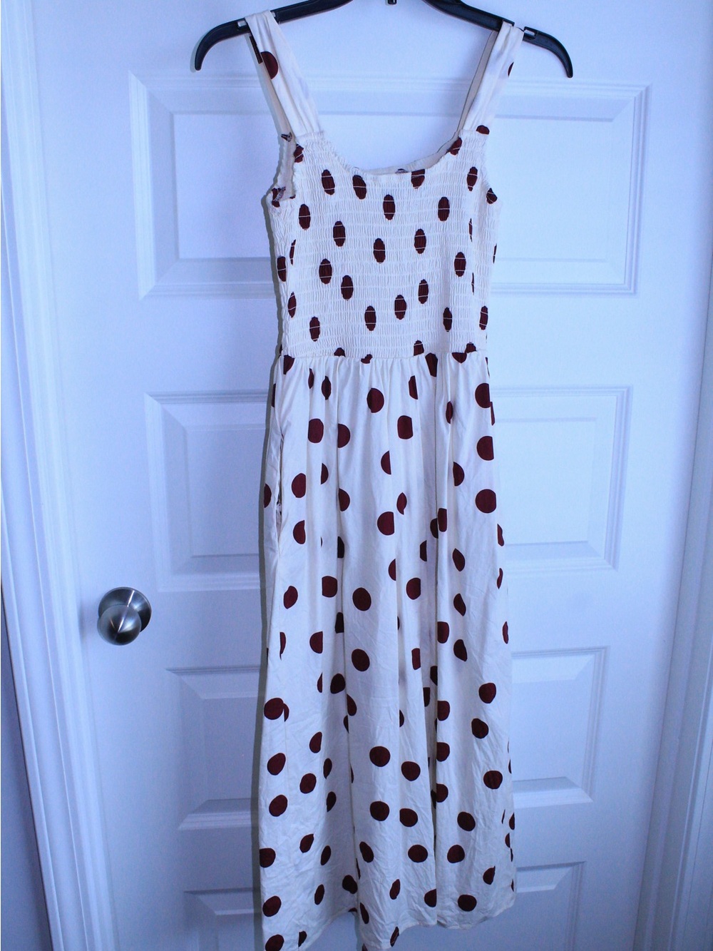 Francesca's Collections Cream Maxi Dress with Brown Polka Dots